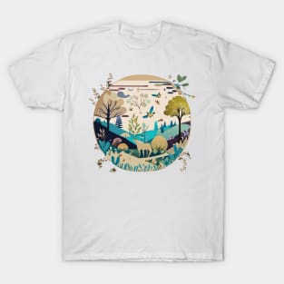 a nature-inspired t-shirt design featuring serene landscapes and wildlife. Utilize a soft color palette and intricate details to capture the beauty of the outdoors, tipseason T-Shirt